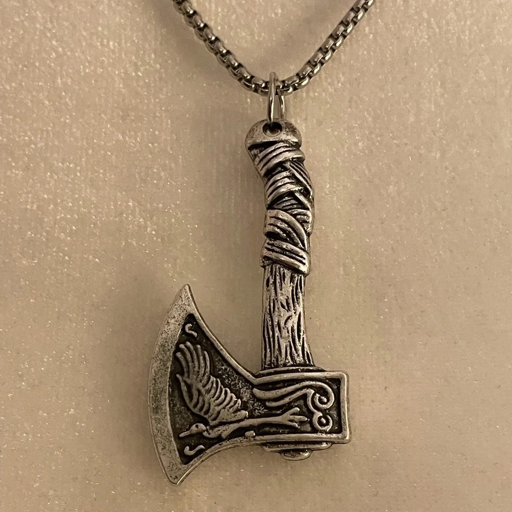 Nordic Viking Axe Necklace with Wolf & Bird